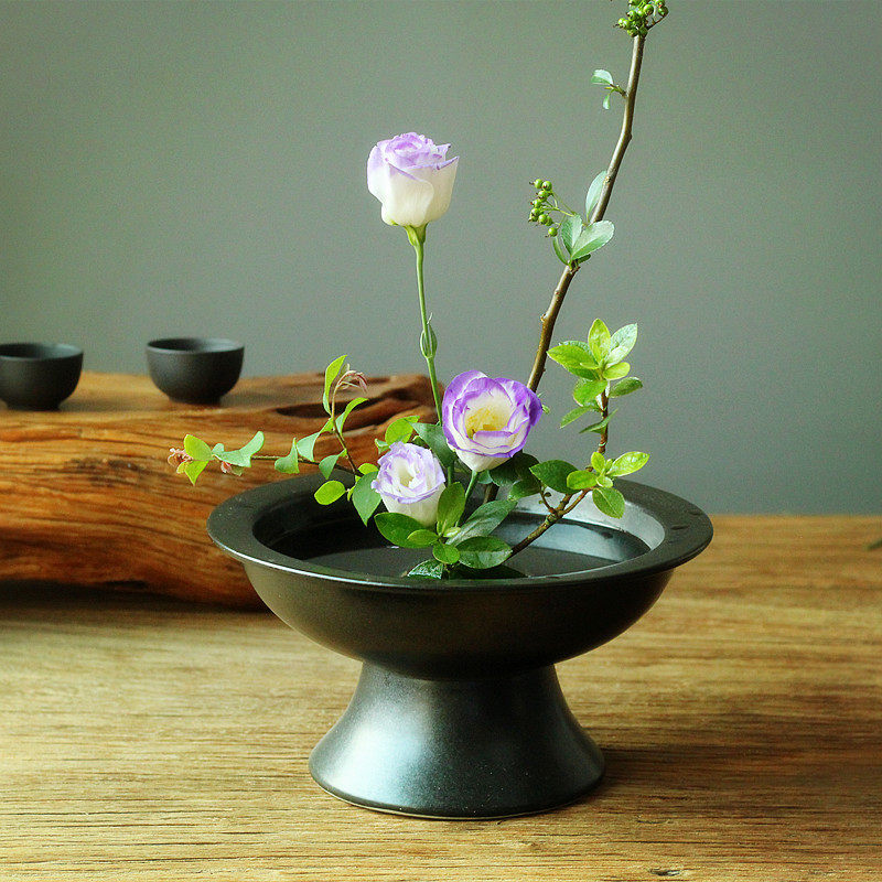 景德镇手作高脚花盆新中式剑山插花器皿禅意剑山水培花盘日式花道