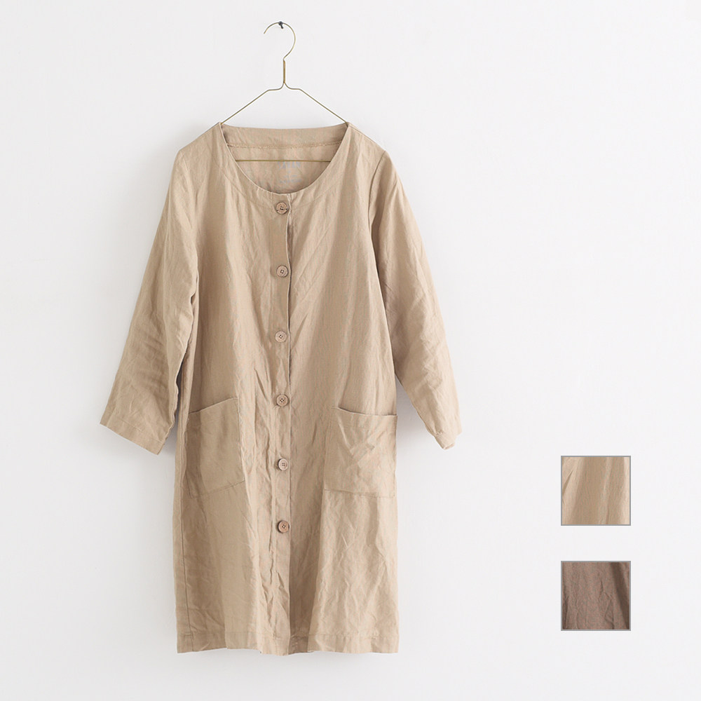 sahan色日原宿秋季设计原创大地风衣圆领亚麻风衣