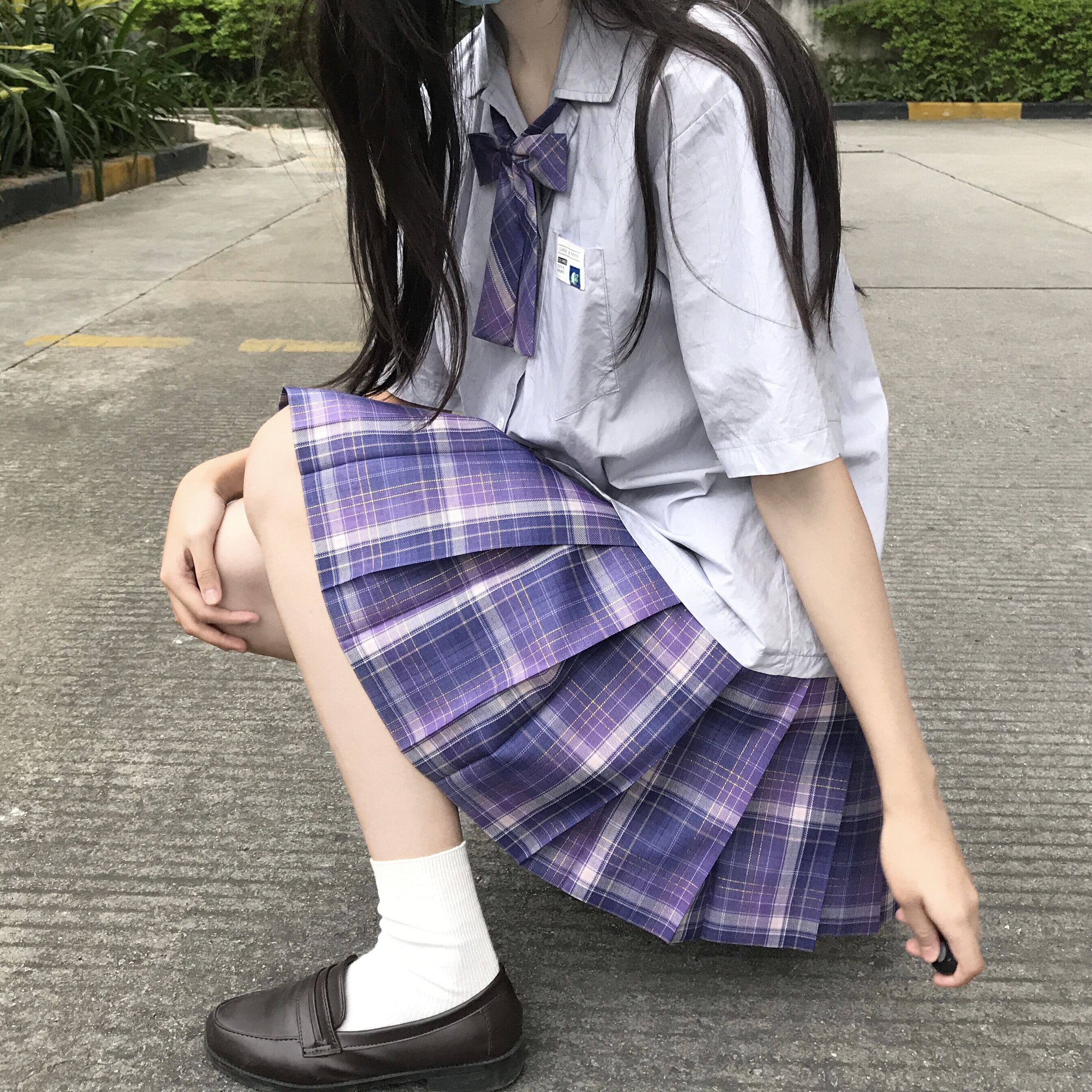 jk梦境失轨流星原创制服格裙百褶裙紫格金线jk