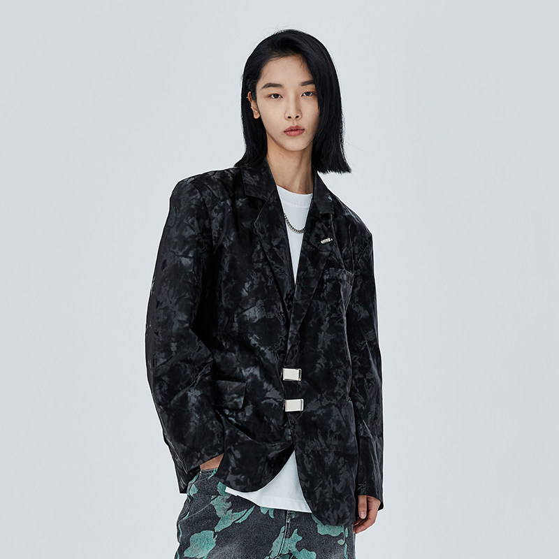 西装benmyshowerbmsr国潮男潮潮牌宽松pu皮扎染花西服