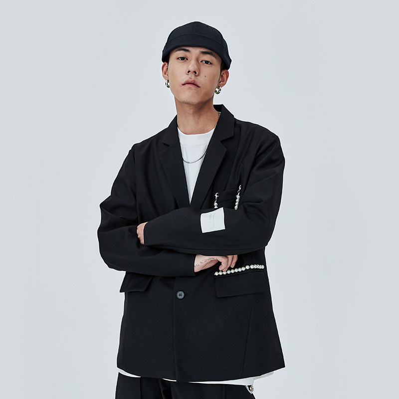 西装benmyshowerbmsr国潮宽松休闲克莱因蓝珍珠西服外套休闲西服