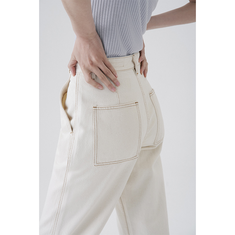 辰现 原胚有机棉~米白色高腰老爹牛仔裤休闲直筒长裤显瘦薄款女春