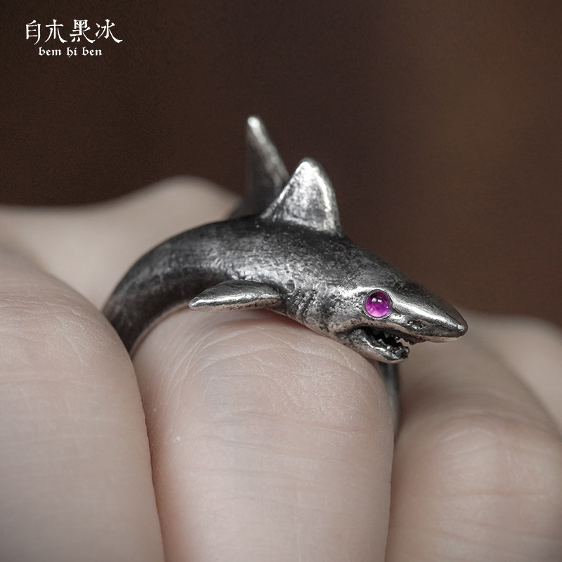 白木黑冰原创设计纯银鲨鱼戒指个性海洋生物开口戒指
