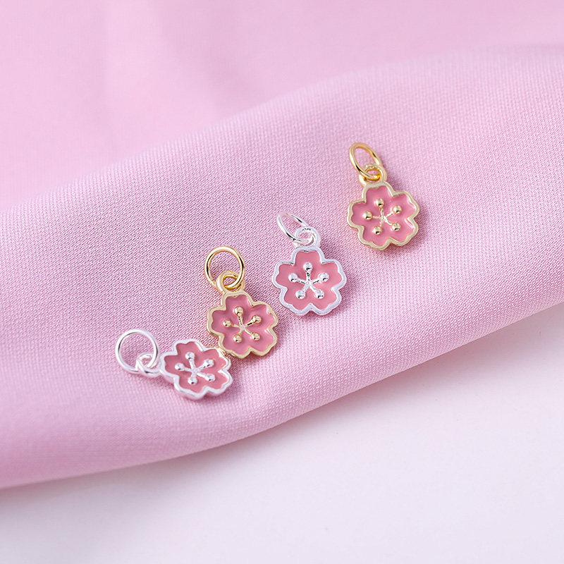 在熙饰品s925纯银滴油配件粉色樱花吊坠手工项坠