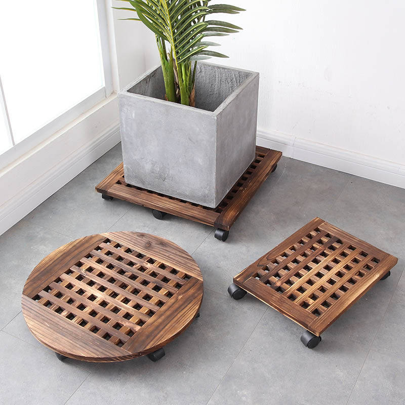 可移动花盆托盘盆景圆形滚轮实木底座底盘万向花托