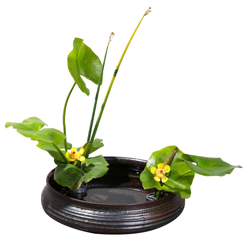 剑山插花花盘螺纹斜口盘陶瓷圆盘插花器底座中式盆景花器花器花道