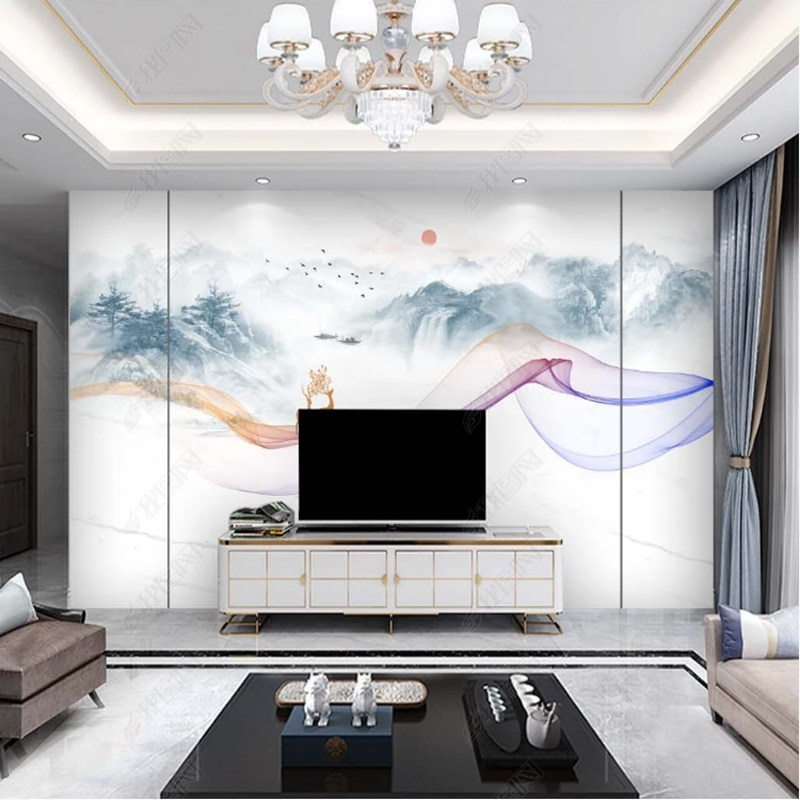 电视墙背景墙现代简约欧式壁画麋鹿大理石影视装饰墙布定制壁画
