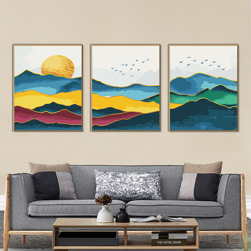 diy数字油画油彩画饰画三联三拼画手绘填色客厅人物风景花卉装