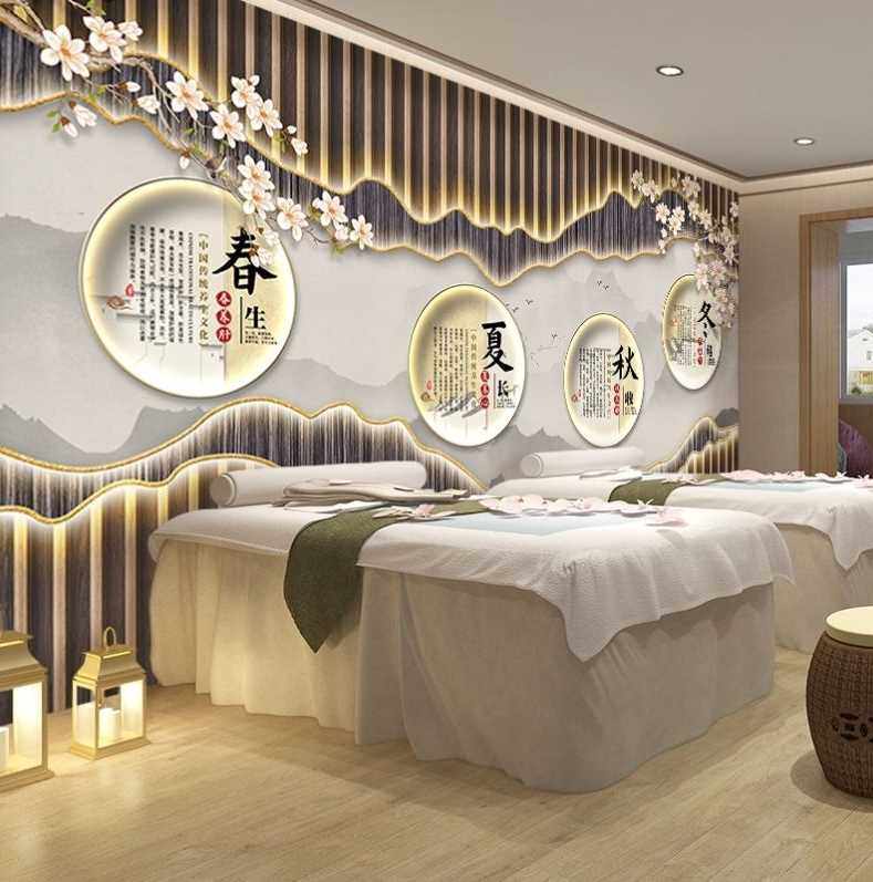 新中式养生背景墙屏风艾灸针灸美容院壁纸采耳头疗定制壁画