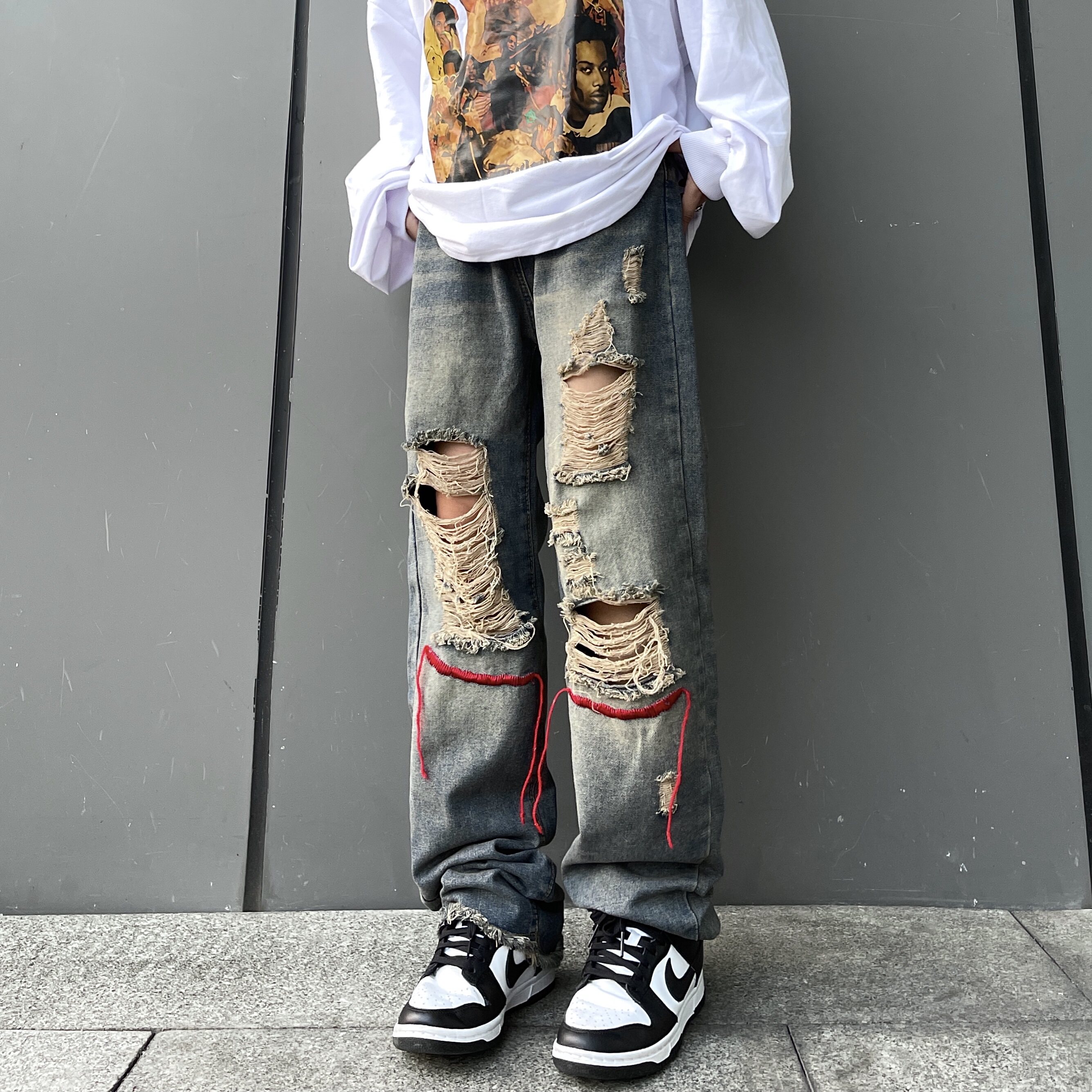 美式街头hiphop破洞牛仔裤女韩版ins嘻哈潮牌宽松牛仔裤