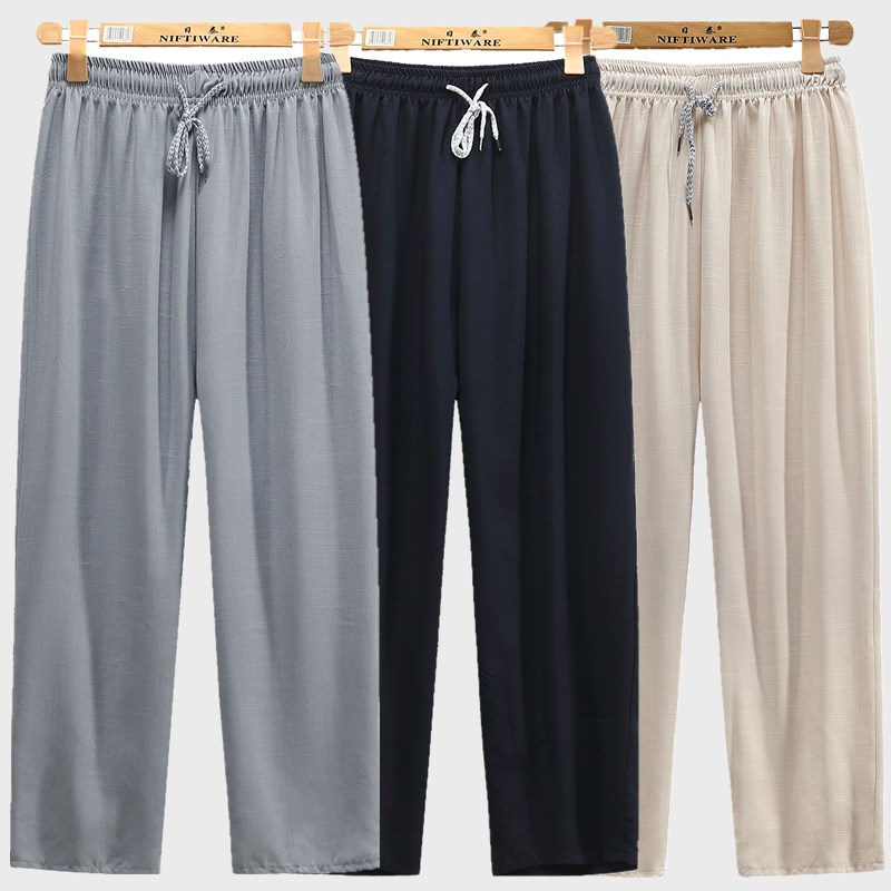 男士亚麻裤子薄款中年松紧裤宽松直筒夏季速干长裤九分运动裤男裤