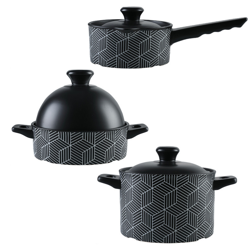 现代轻奢样板房韩国炖锅黑白条纹陶瓷厨房锅具摆件