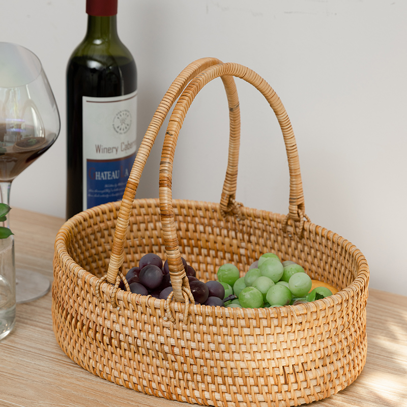 收纳藤编果篮户外野餐创意手提编织篮子越南果盆