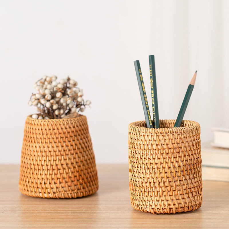 收纳藤编笔筒越南南秋编织日式桌面办公文具化妆笔筒