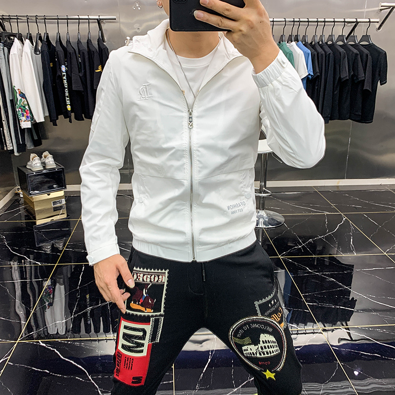 男士休闲连帽夹克2022春秋新款百搭潮流纯色拼接刺绣字母韩版外套