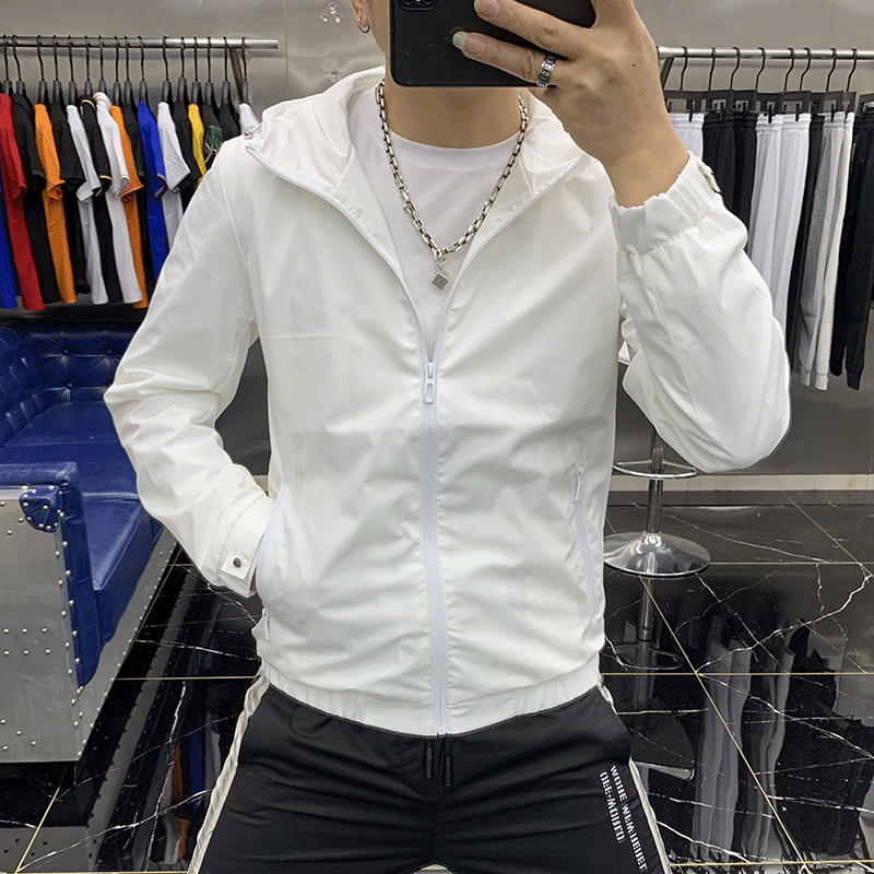 2021新款春季白色夹克男连帽运动韩版潮流街头修身欧货简约薄外套
