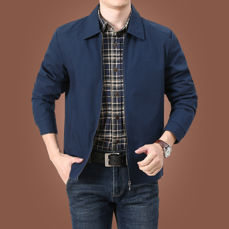 纯棉中年男士外套春秋季薄款休闲男装中老年爸爸装宽松夹克衫上衣
