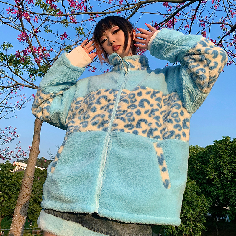 00sbaby 原创新款复古辣妹拼接豹纹羊羔毛外套百搭加绒毛毛外套冬