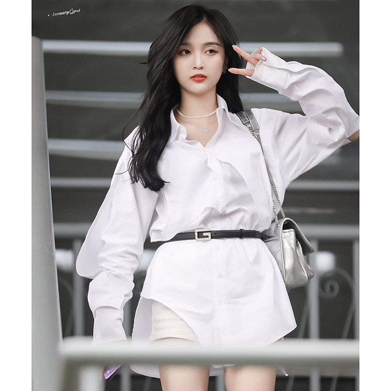 春装新款吴宣仪机场同款白色衬衫时尚尚显百搭衬衫
