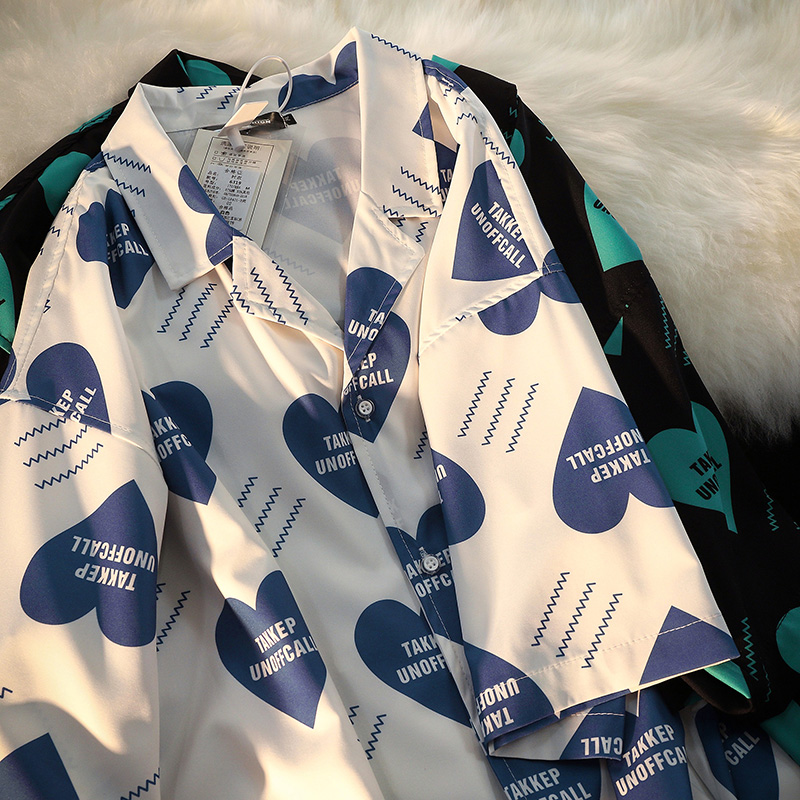 夏威夷花衬衫男潮牌夏季爱心印花宽松ins潮春秋长袖情侣衬衣男女