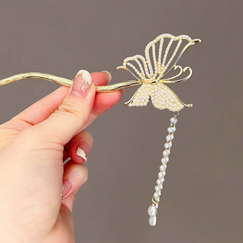 发簪简晓蝴蝶流苏珍珠古风高级感步摇发简约发饰