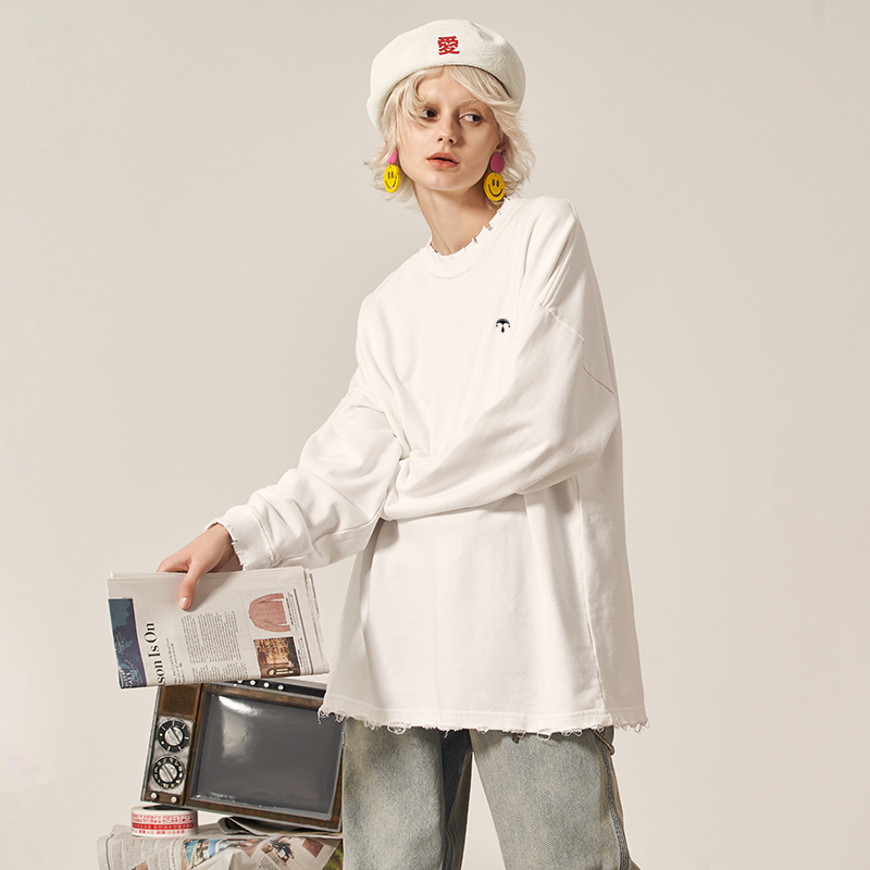 GANGURRU复古水洗做旧纯色宽松情侣刺绣长袖女套头卫衣男休闲外套