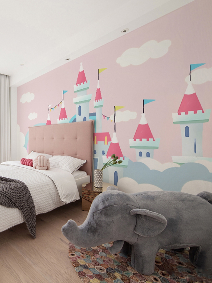 北欧城堡儿童墙纸卡通粉色女孩卧室墙布房间无纺布墙纸
