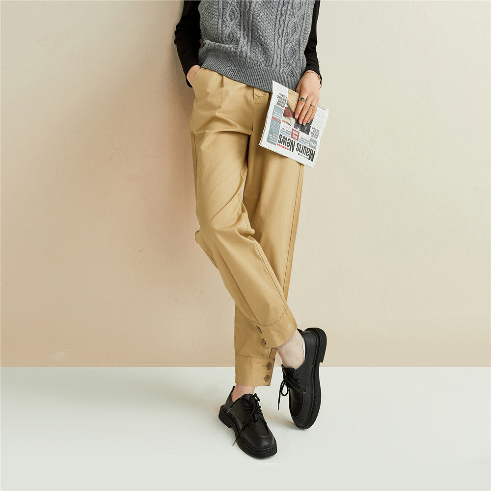 佐丹奴裤子女装纯棉纽扣裤脚锥形中腰休闲长裤休闲裤