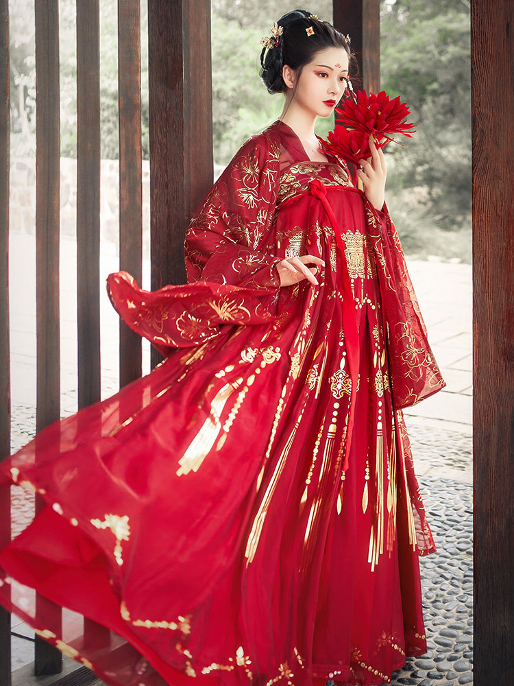 国风6米襦裙齐胸红色飘逸超仙女中两相汉服民族服装