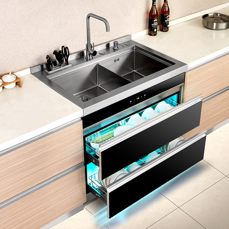 水槽一体尊驰手工集成消毒柜加厚不锈钢多功能智能集成水槽