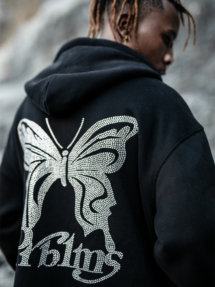 prblms潮牌蝴蝶logo钻开衫国宽松连帽卫衣男秋季卫衣