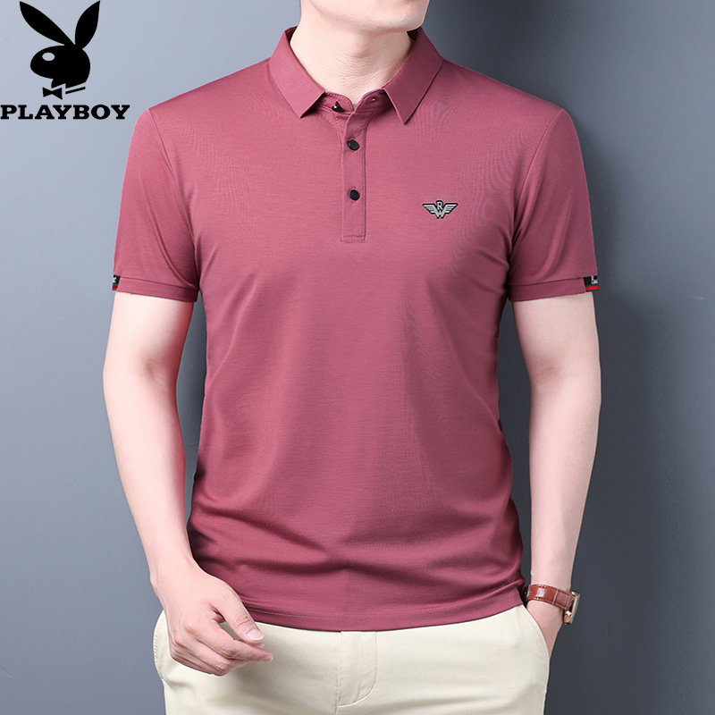 花花公子桑蚕丝男士短袖t恤薄款真丝翻领中年宽松纯色冰丝polo衫