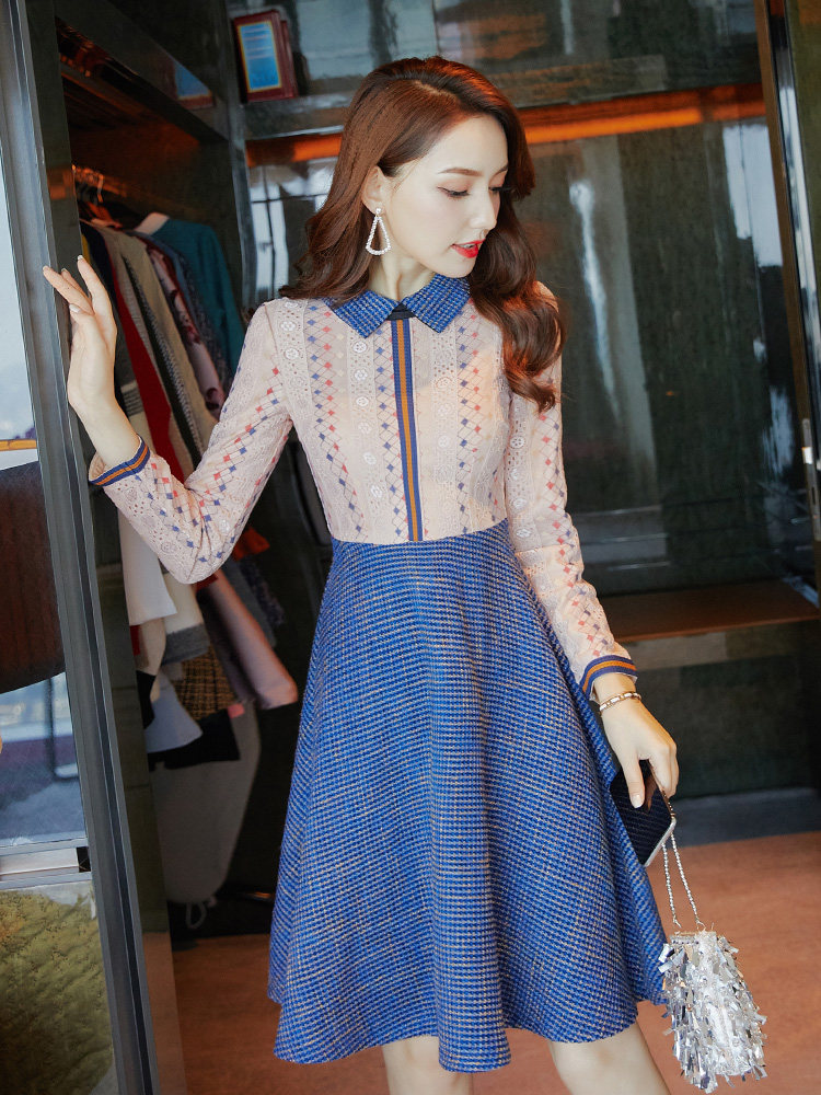 温幻秋装2019年新款女装气质名媛显瘦a字加绒长袖蕾丝连衣裙秋冬