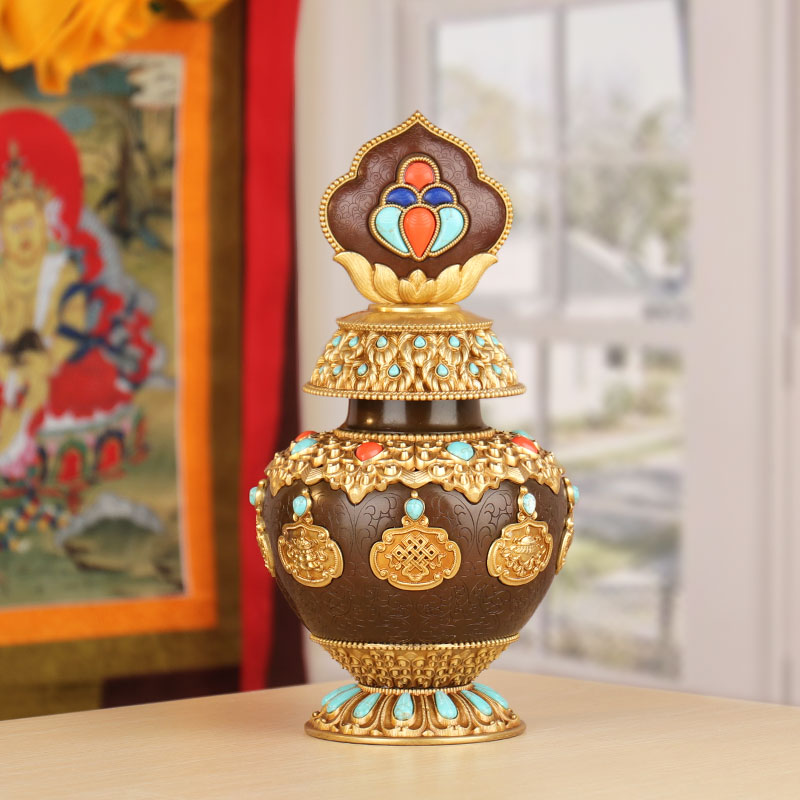 精工黄铜龙王宝瓶八吉祥藏式摩尼宝家居佛堂供奉摆件