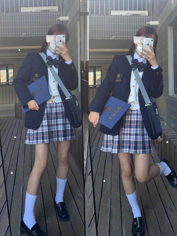 春日部色格百褶少女正统制服jk深蓝色深蓝原创学生校服