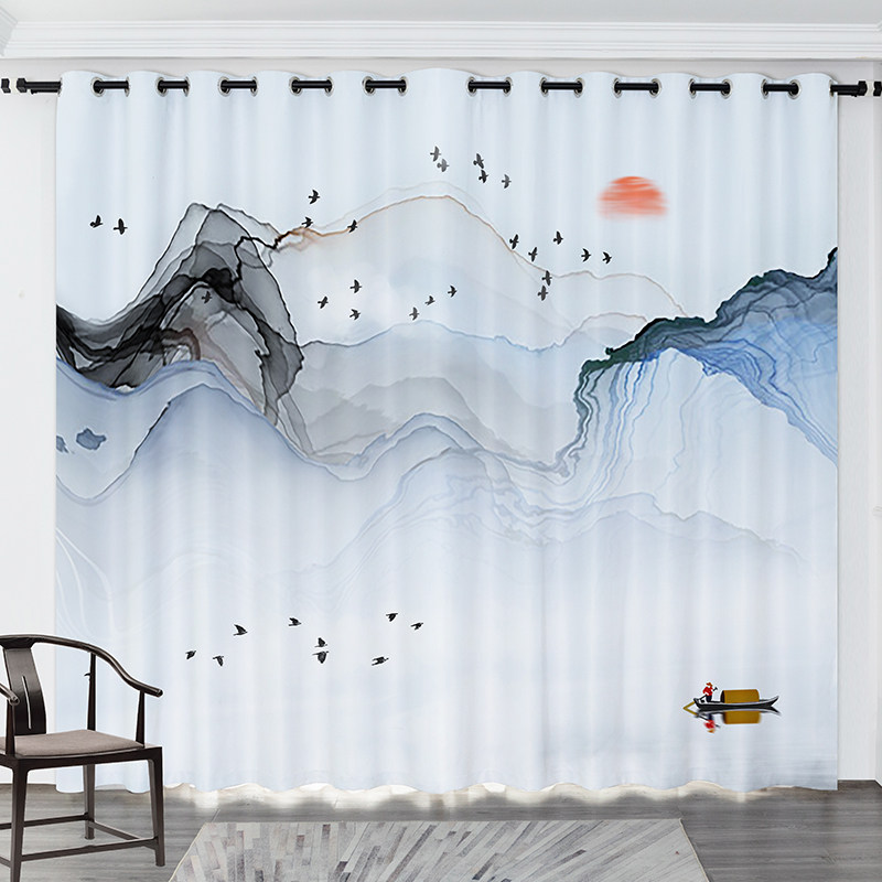 新中式水墨遮光定制书房客厅风景山水画古典古风定制窗帘