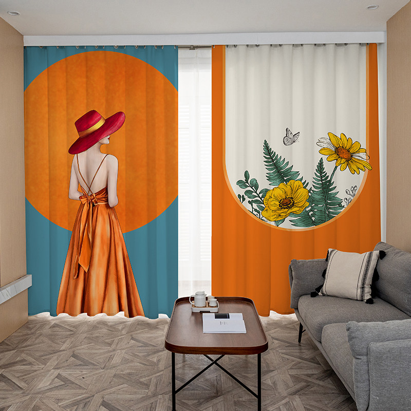 北欧简约ins高档橙色遮光窗帘现代轻奢少女定制窗帘