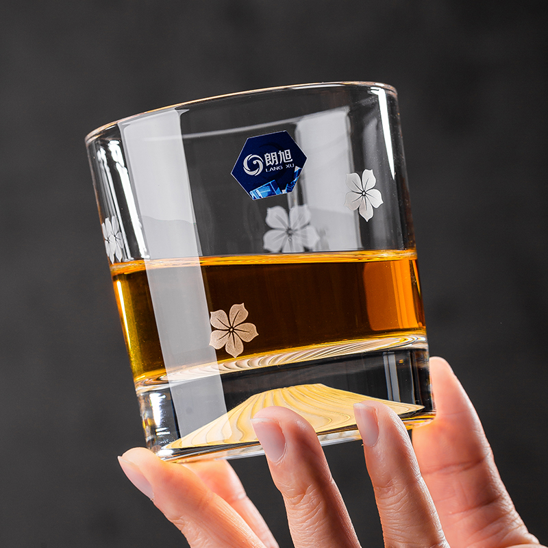 酒杯朗旭日式富士山雪山玻璃杯创意刻花酒杯