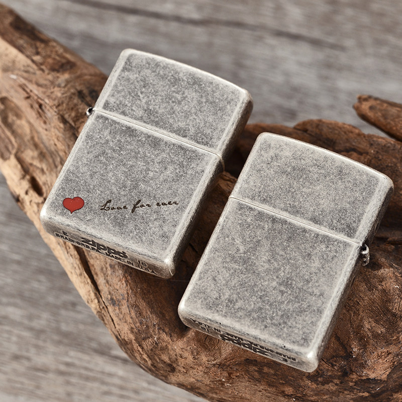 打火机zippo正版古银红心我爱你仿古做旧男友老公zippo
