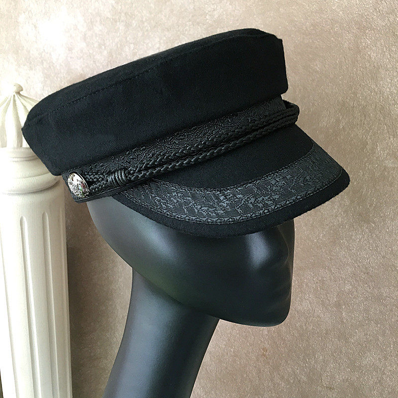 法国ckaspiee秋冬黑色平顶羊毛毛呢蕾丝拼接海军帽帽子
