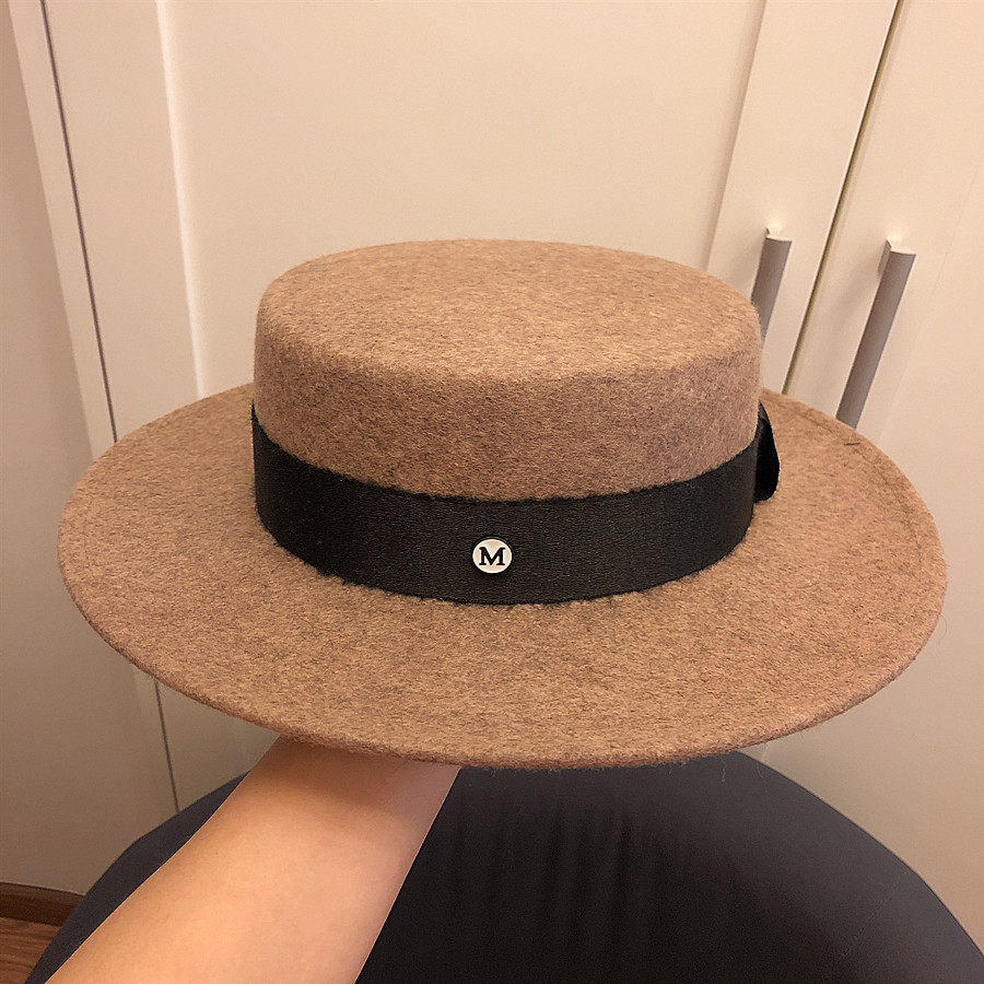 法国ckaspiee秋冬新品驼色羊毛毛呢平顶顶宽礼帽帽子