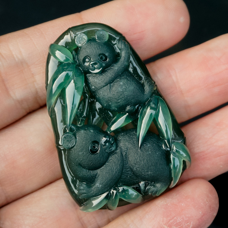 熊猫雅茗竹节天然翡翠挂件墨绿大师孤品颈饰