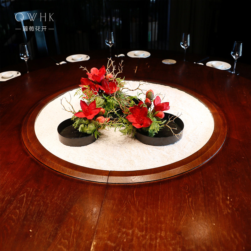 新中式酒店圆桌转盘仿真花餐桌花摆花中间摆件假花摆设大高端餐厅