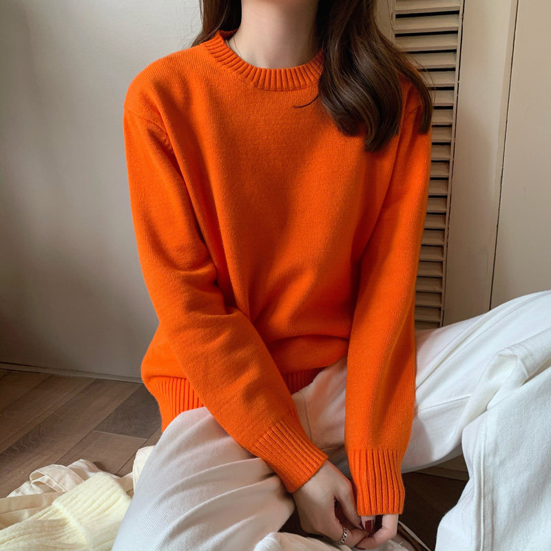 橘色2020秋冬季韩版百搭糖果色毛衣套头宽松慵懒毛衣