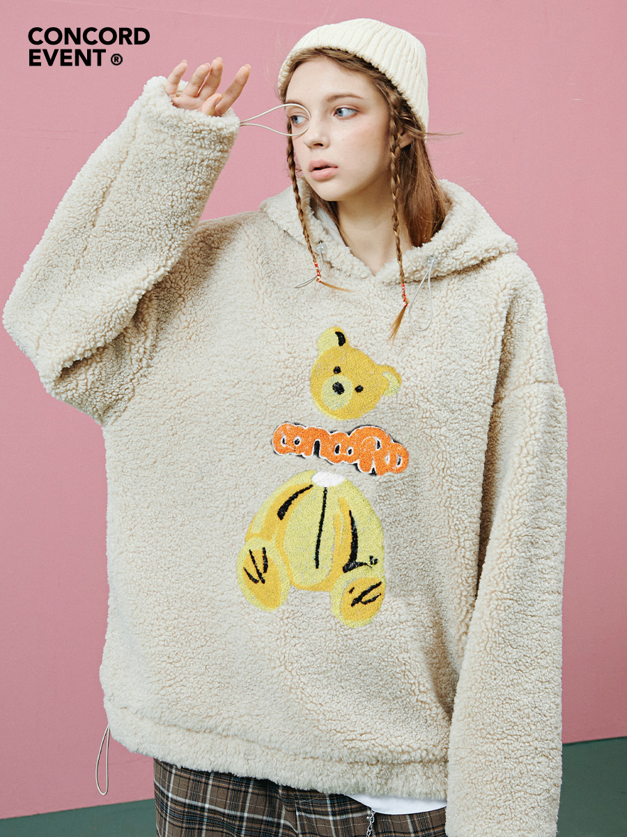 CONCORDEVENT连帽卫衣男宽松国潮牌绣花断头熊秋季加绒羊羔绒外套