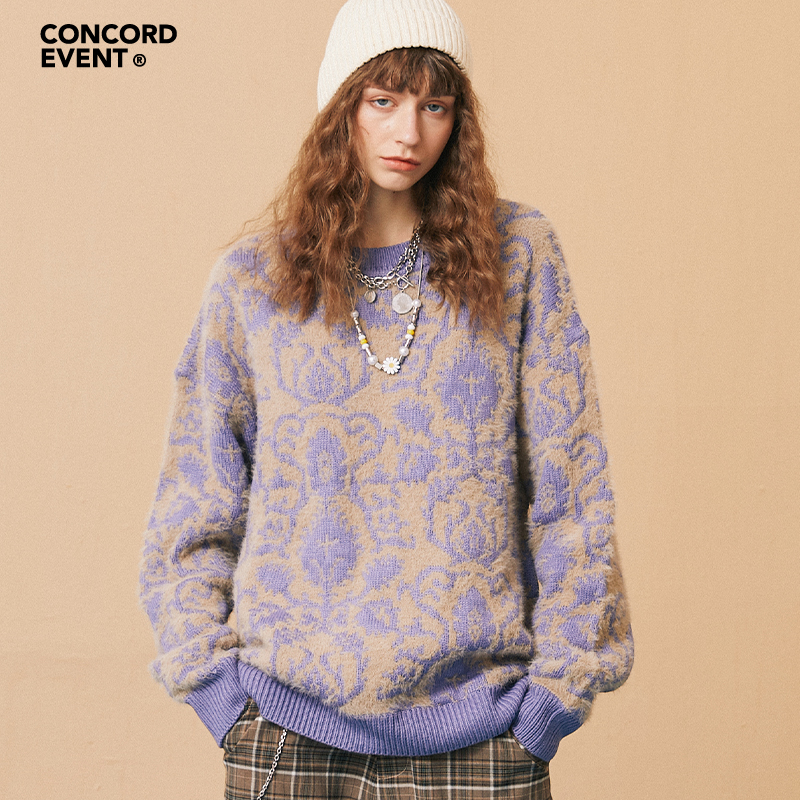 CONCORDEVENT春季情侣潮流花朵针织衫男毛衣潮牌休闲百搭宽松上衣