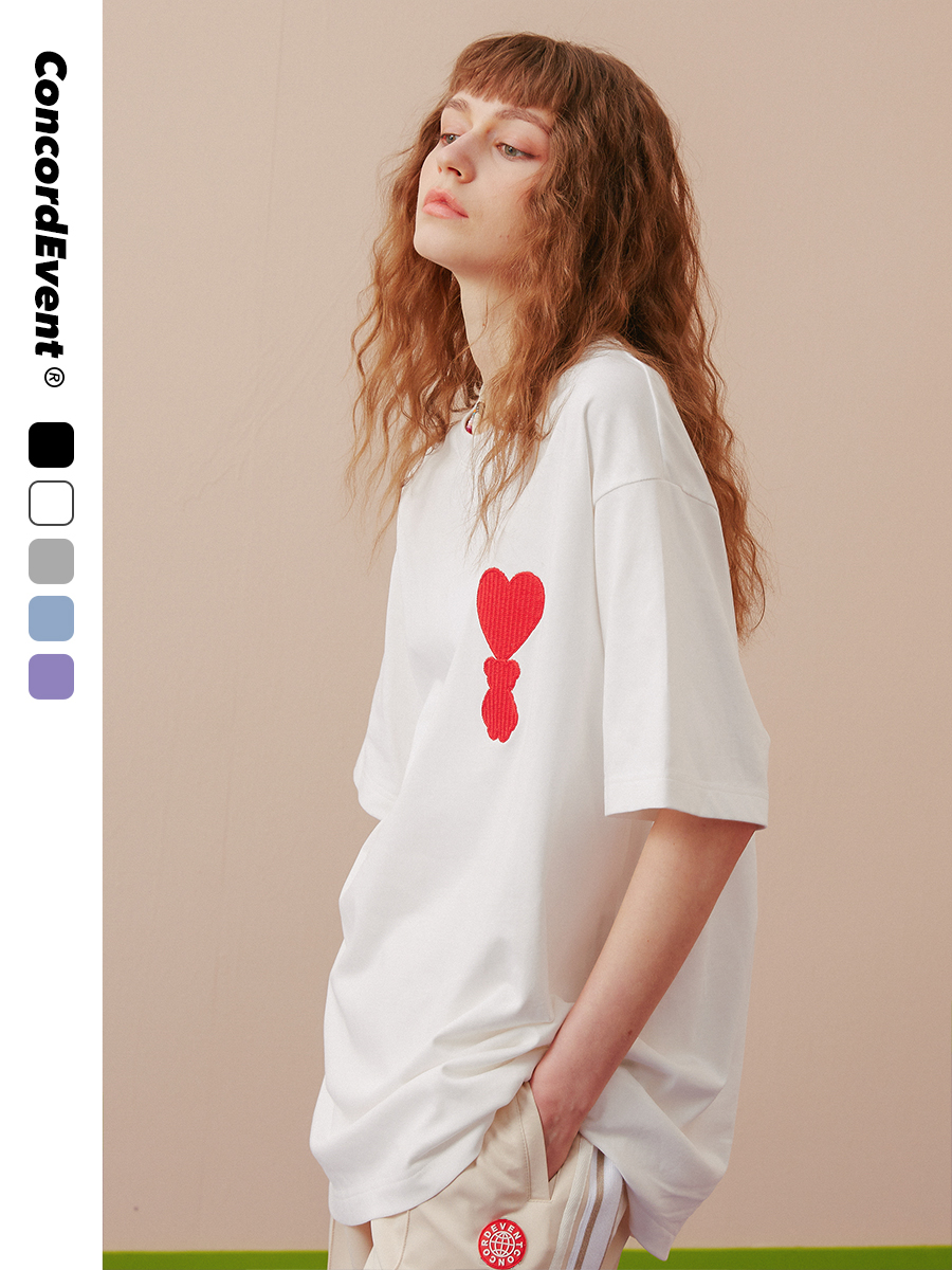 CONCORDEVENT夏季潮牌情侣装爱心小熊T恤短袖男宽松纯色简约百搭