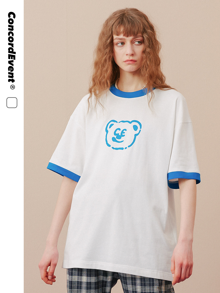 CONCORDEVENT体验款夏季新品情侣潮牌小熊拼色短袖男印花撞色T恤