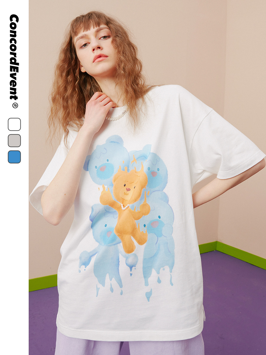 【推荐】CONCORDEVENT 液体小熊印花短袖T恤情侣装夏装潮牌