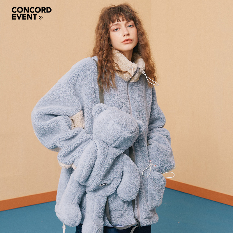 CONCORDEVENT秋冬季情侣装国潮牌小熊背包羊羔绒夹克男泰迪毛外套